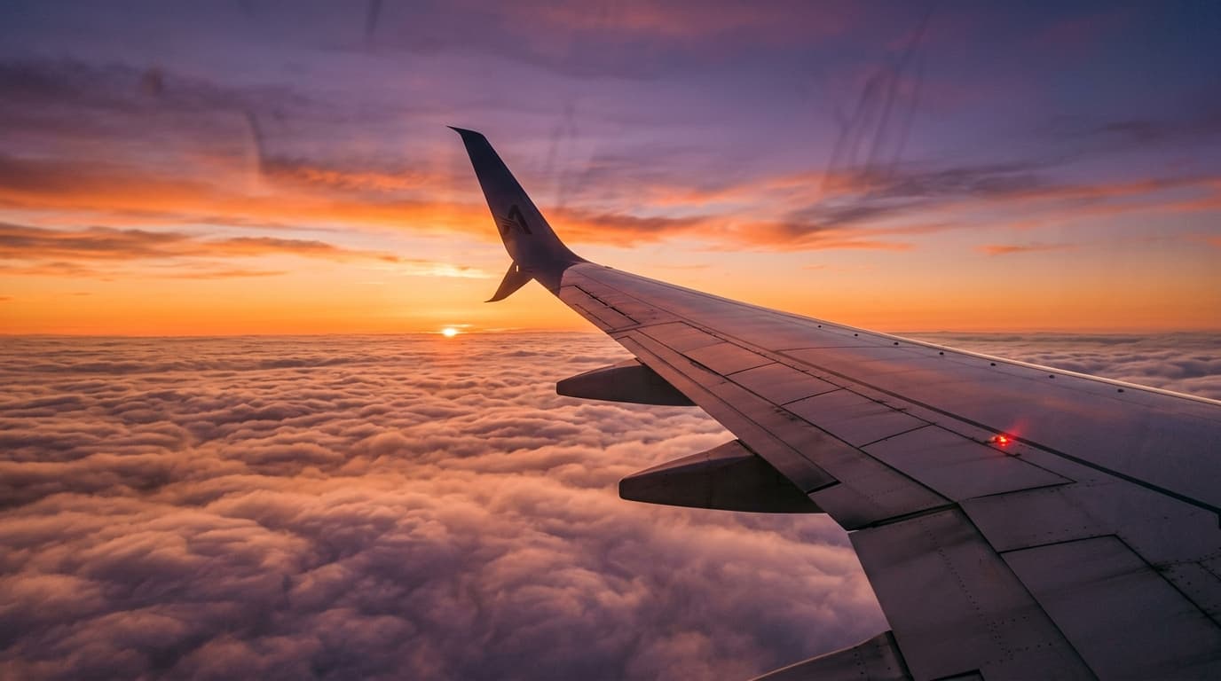 An airplane wing above the clouds at sunset